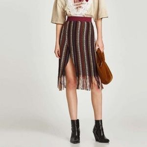 Zara Woven Knit Wrap Midi Skirt with Fringe Hem